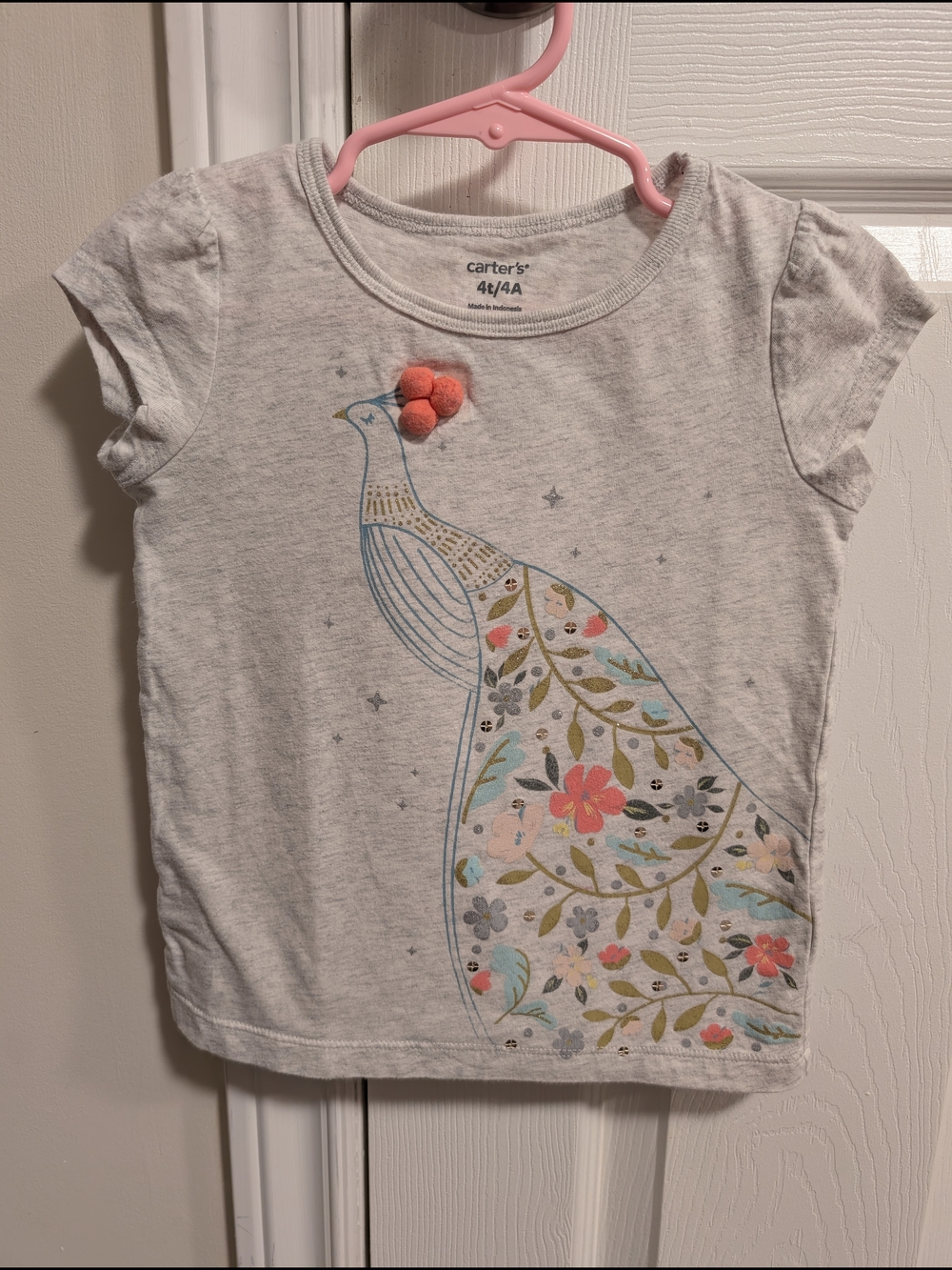 Carter's Light Gray Tee with Floral Peacock and Pink Pom Accent